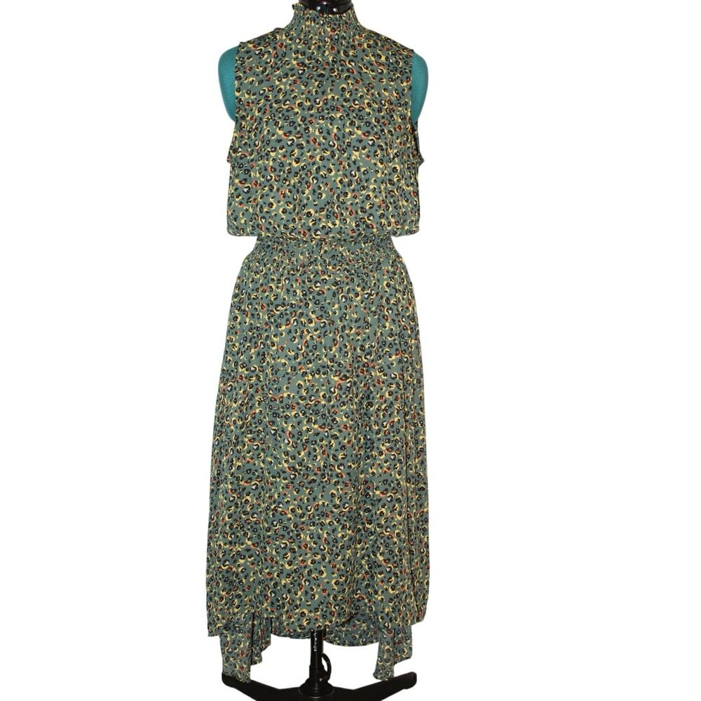 Nanette Lepore Green Leopard Print Fall Vibes Mock Neck Midi Dress Size 12